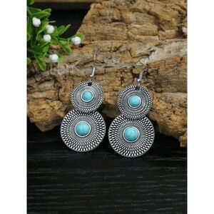 SILVER TURQUOISE ROUND TEXTURED BOHO DANGLE EARRINGS